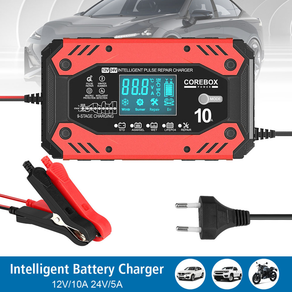 AGM Automotive Battery Charger 12V 10A Car and Motorcycle Battery Charging Devices Intelligent Maintenance of Lead Acid Battery