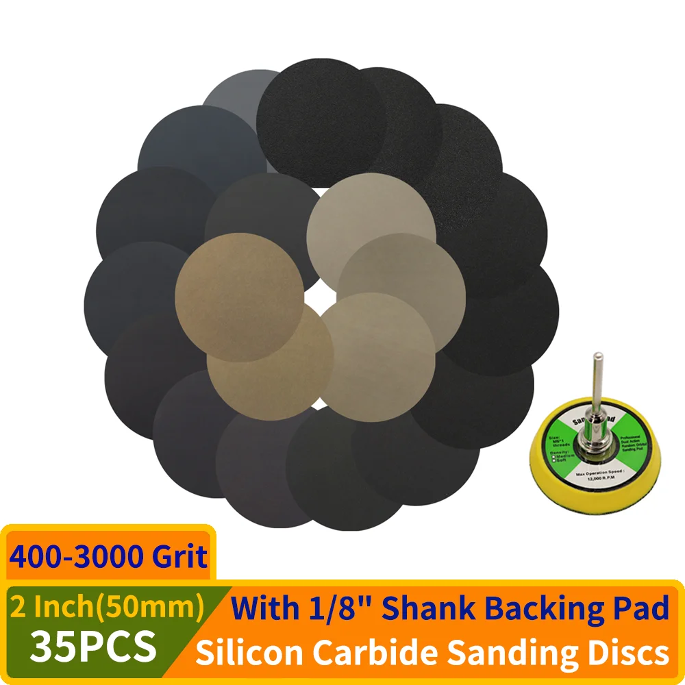 

35PCS 2 Inch Sanding Disc Pad Kit with 1/8" Shank Backing Pad for Drill Grinder Rotary Tools,400-3000 Grit Wet Dry Sandpaper