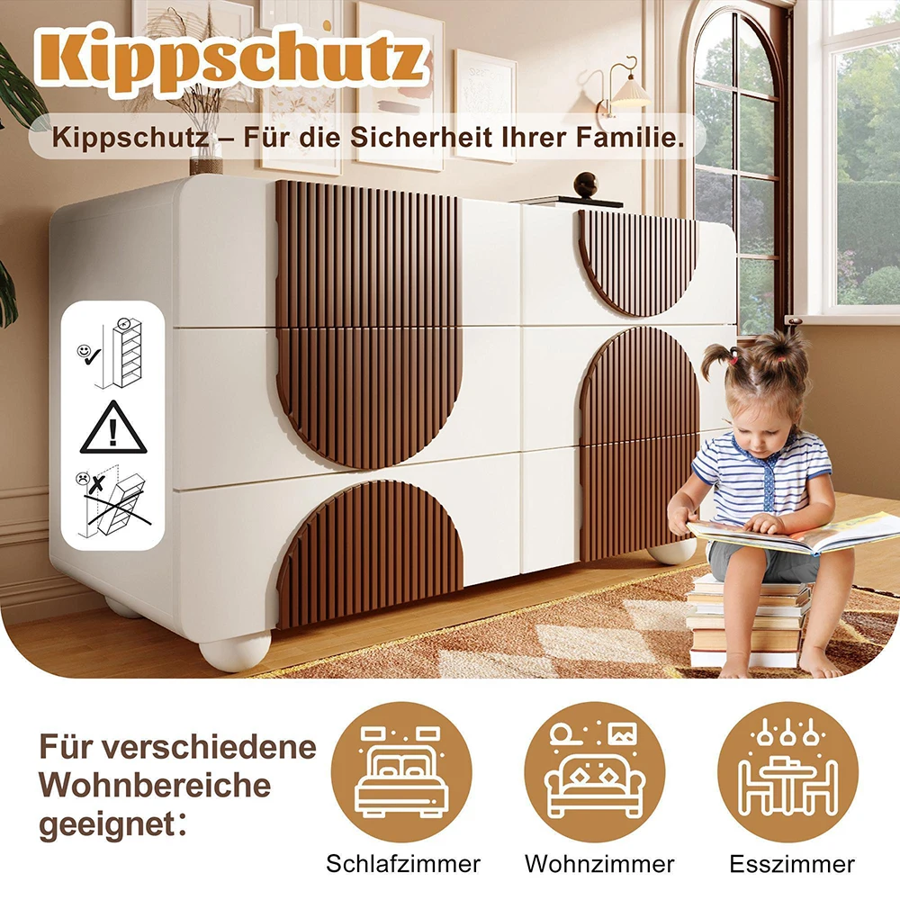 KOMHTOM Kommode Sideboard mit 6 Schubladen Weiß - Geschwungenes Design, Leise Schiebe-Schubladen & Kippsicherung – Detail 4