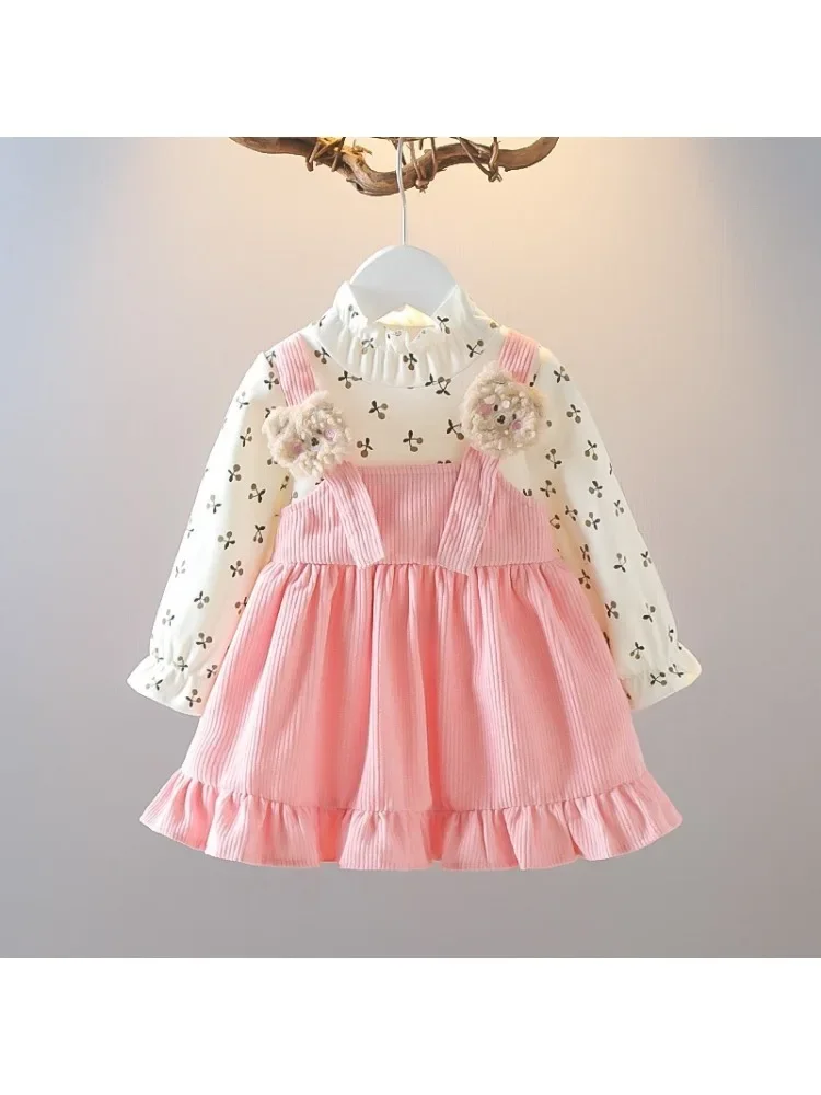 Girls' Floral Corduroy Bear Strap Dress - Long Sleeve Party Outfit, Ages 1-6