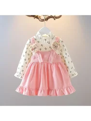 Girls' Floral Corduroy Bear Strap Dress - Long Sleeve Party Outfit, Ages 1-6 for 120 (4-5Y) (WG-MY763-Pink)
