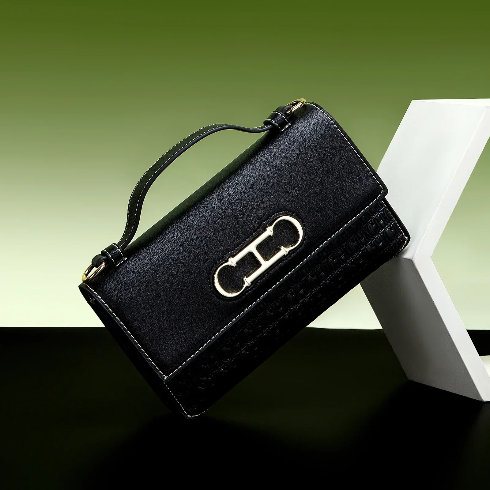 CH Premium Leather Handbag Monogram Embossing Metallic Clasp Portable Handle Structured Silhouette Ideal Office Evening Events 3