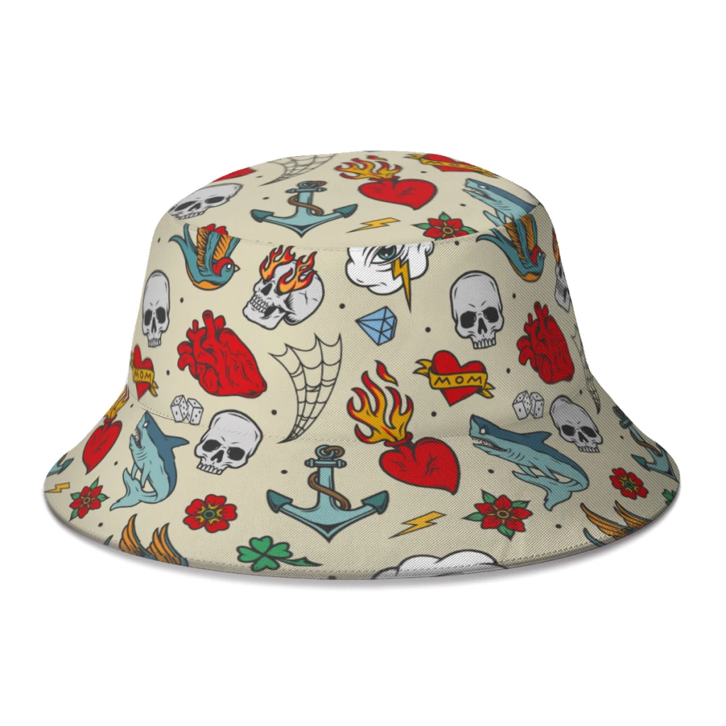 

Colorful Tattoos Vintage Skulls Bucket Hat For Women Men Teenager Foldable Bob Fisherman Hats Panama Cap Streetwear