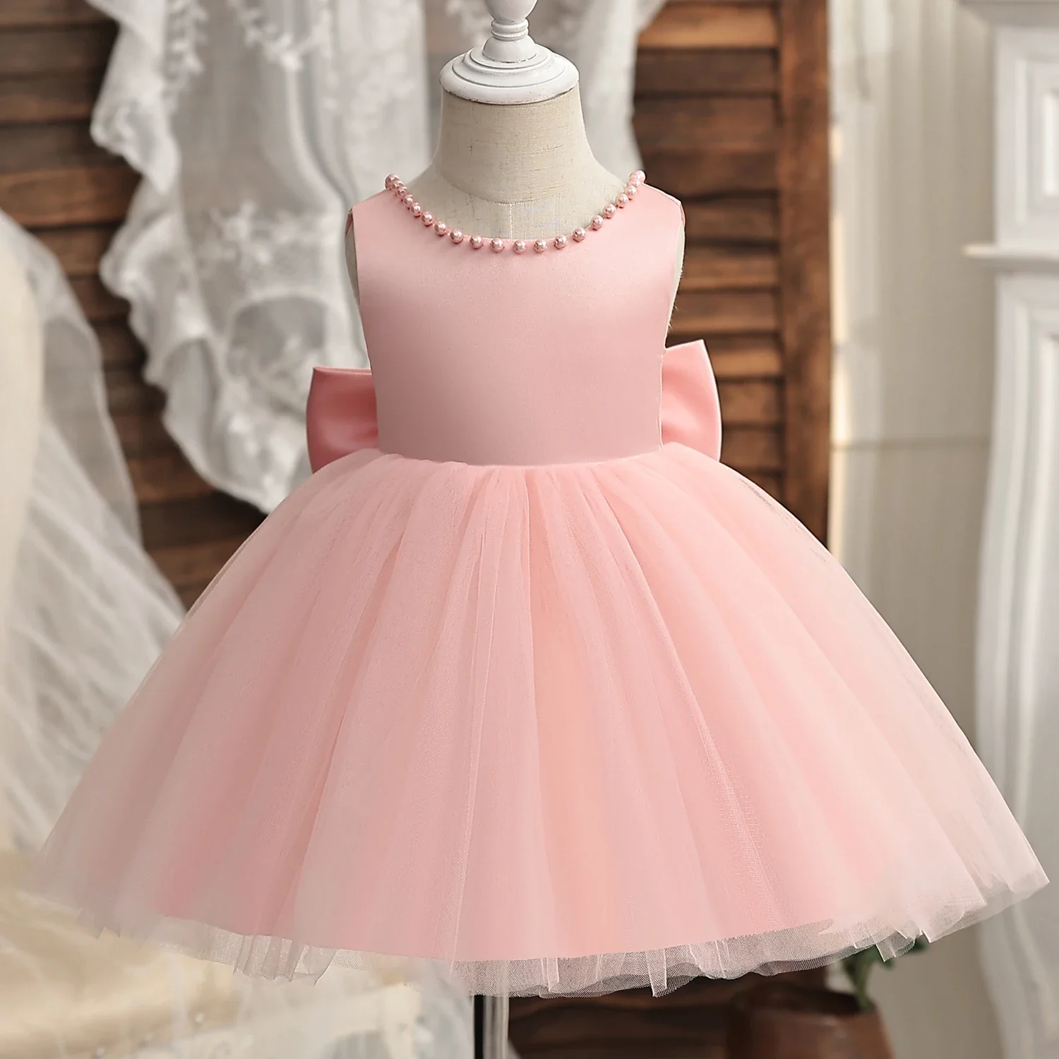 Girls Dress Baby Girl Dress Infant Baby Baptism Dress for Girls Kids Wedding Party Dresses Bow Beaded Tulle Christening Gown Birthday Children Clothes