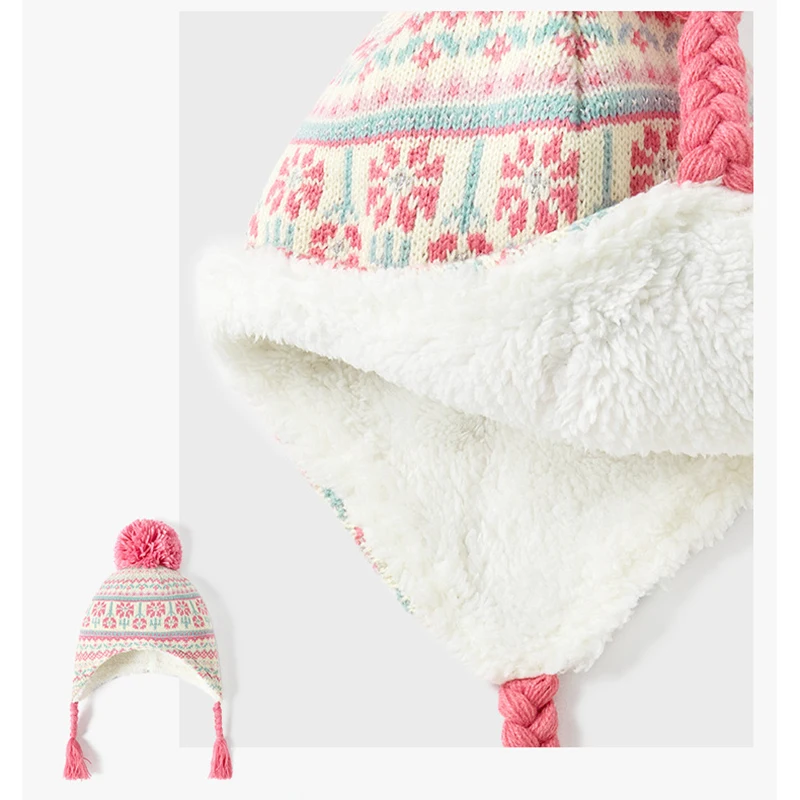 Hat Earflap Girl Winter Beanie Kids Pink Acrylic Knit Fleece Lining Cap Pompom Accessory For Autumn Outdoor Cold Weather Skiing