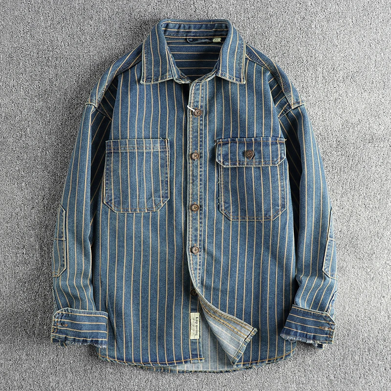 

Patch Long Sleeve Amekaji Fashion Vertical Striped Denim Men Shirts Heaveyweight Washed Cotton Coats Casual Cargo Jeans Workwear