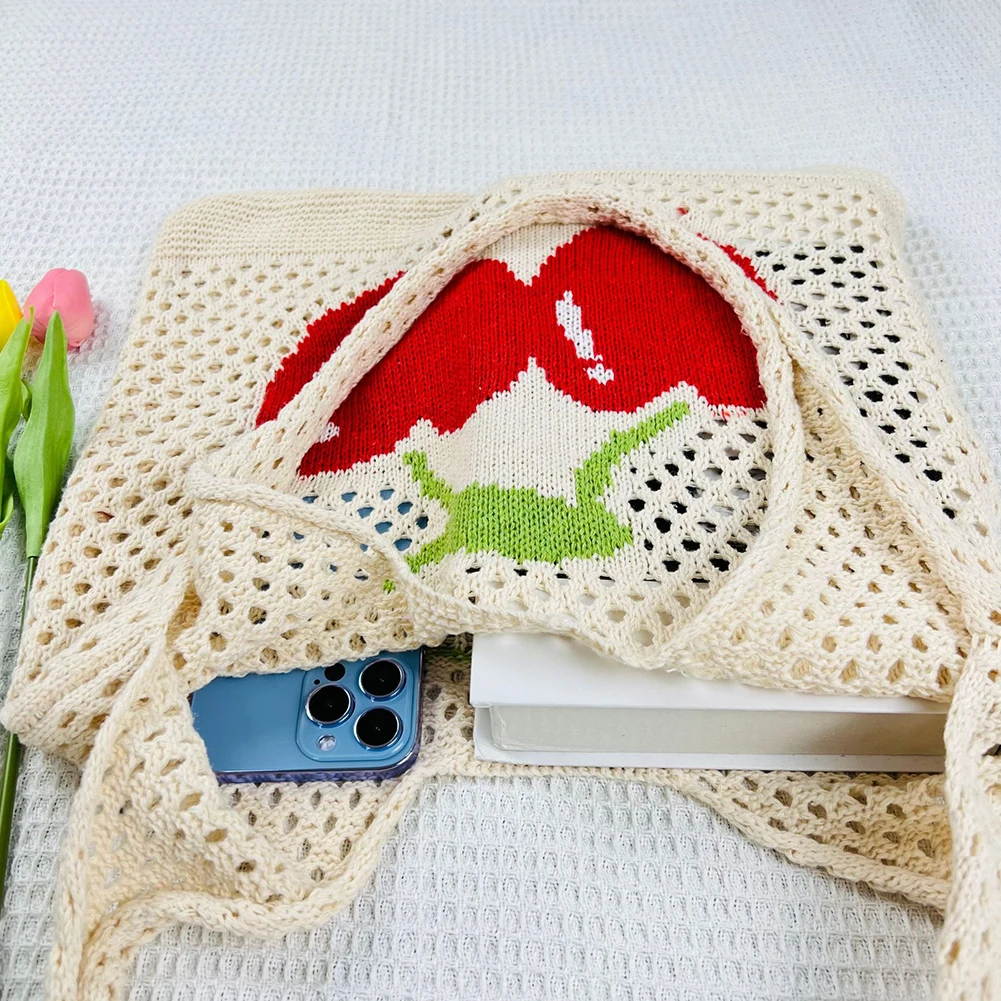 Women's Crochet Bag Cherry Knitted Handbags Large Capacity Summer Beach Woven Shoulder Bag Girls Travel Tote Hollow Shopper Bag