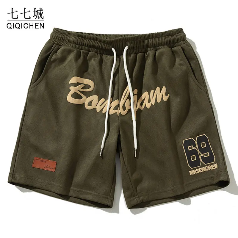 

High Street Shorts Men Foaming Letters Straight Leg Wide Leg Loose Basketball Shorts Summer Casual Knee-length Pants Streetwear