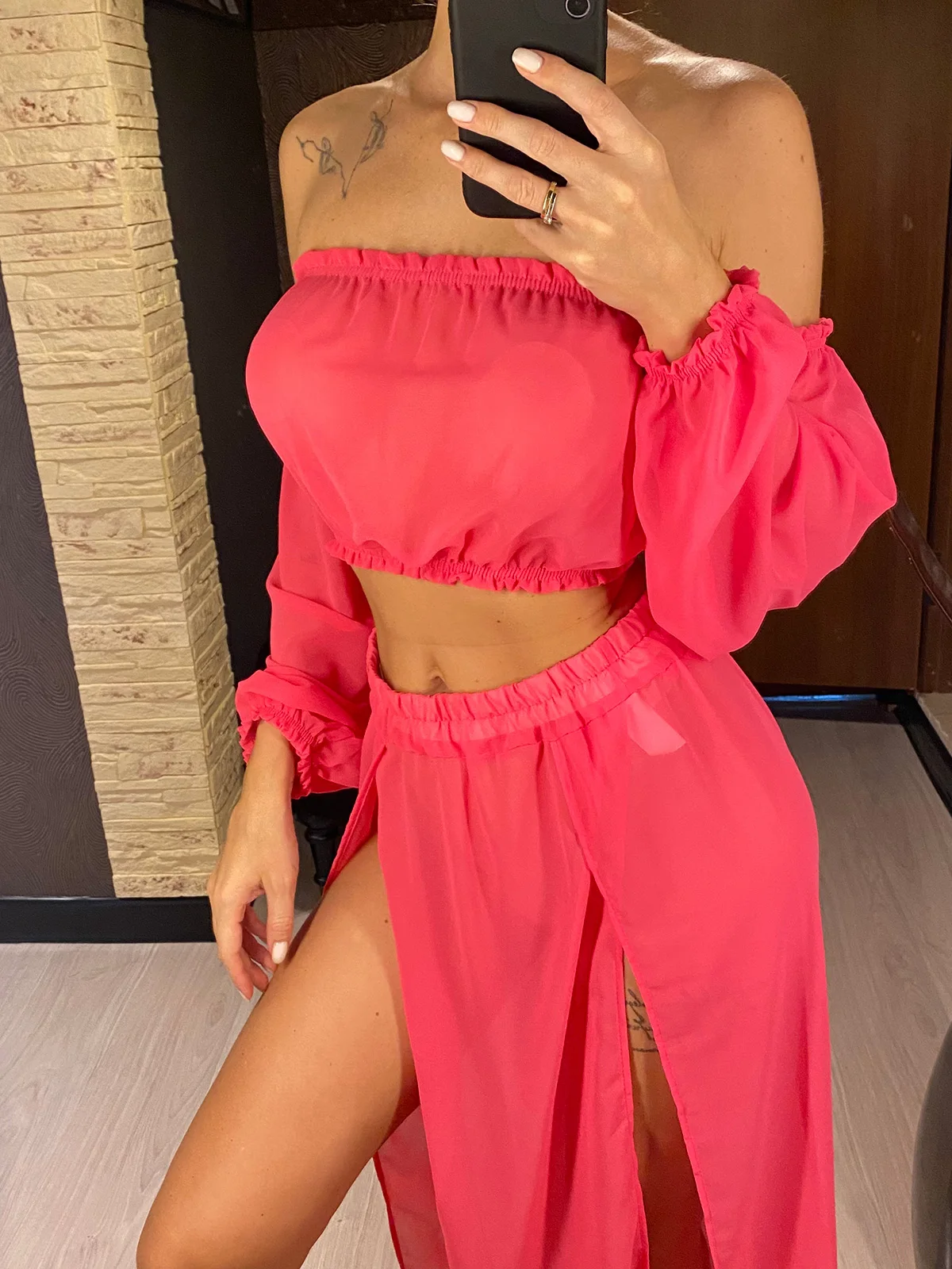 Leopard Off-Shoulder Long Sleeve Two-Piece Beachwear Set