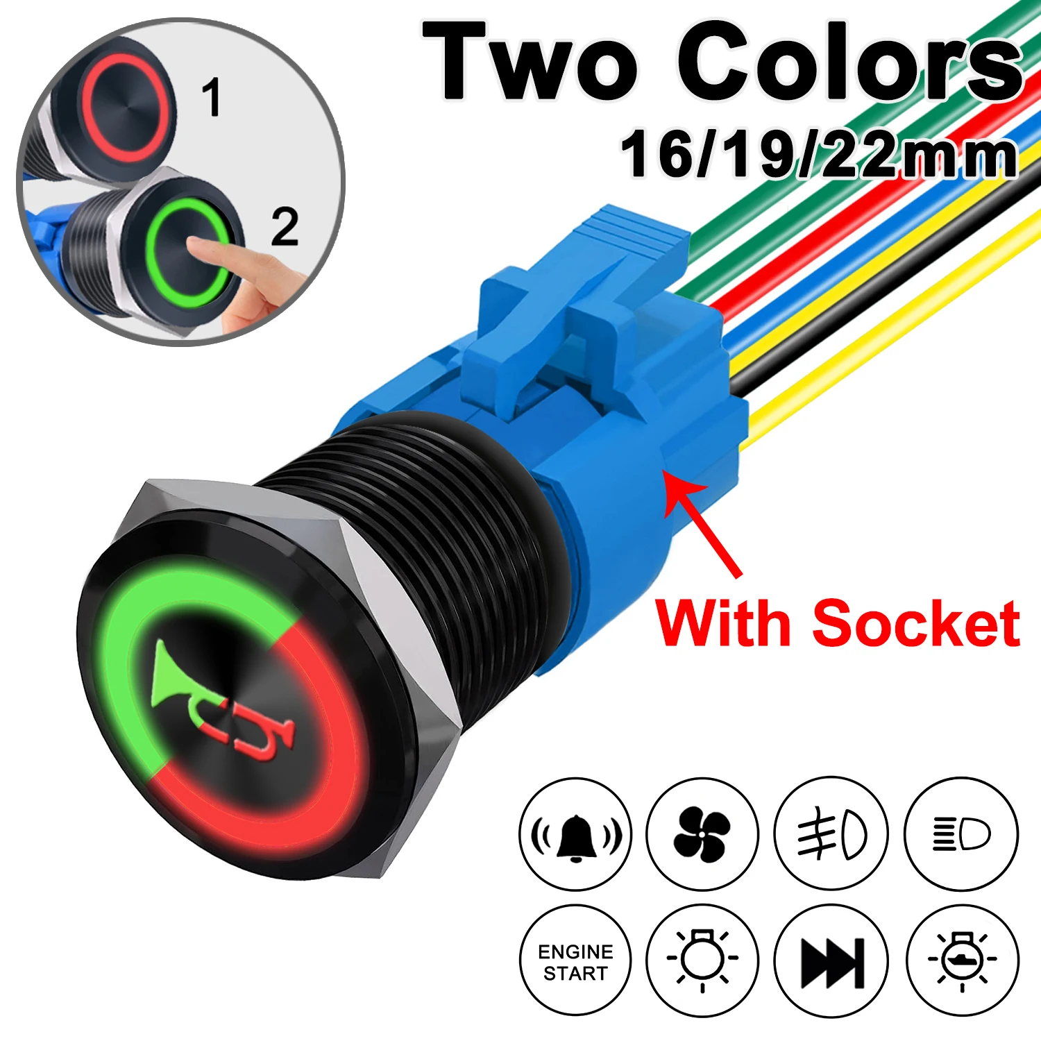 Personalizado Bicolor Metal Botão Interruptor com Soquete 12v Carro Barco Impermeável Pinos Auto-reconjunto Self-locking 16 19 22 mm