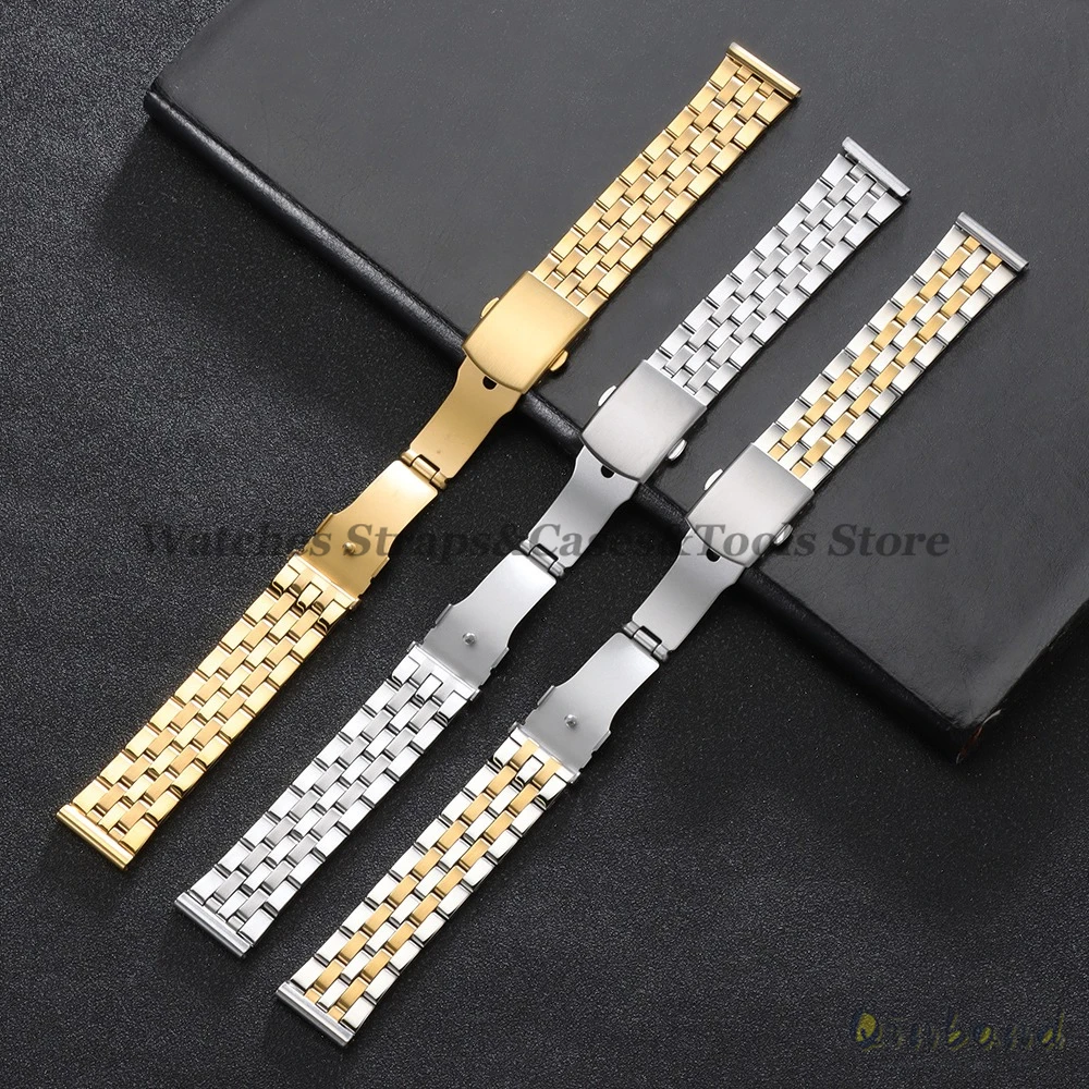 Sleek Stainless Steel Watch Strap with Universal Folding Buckle - Curved & Straight End Options
