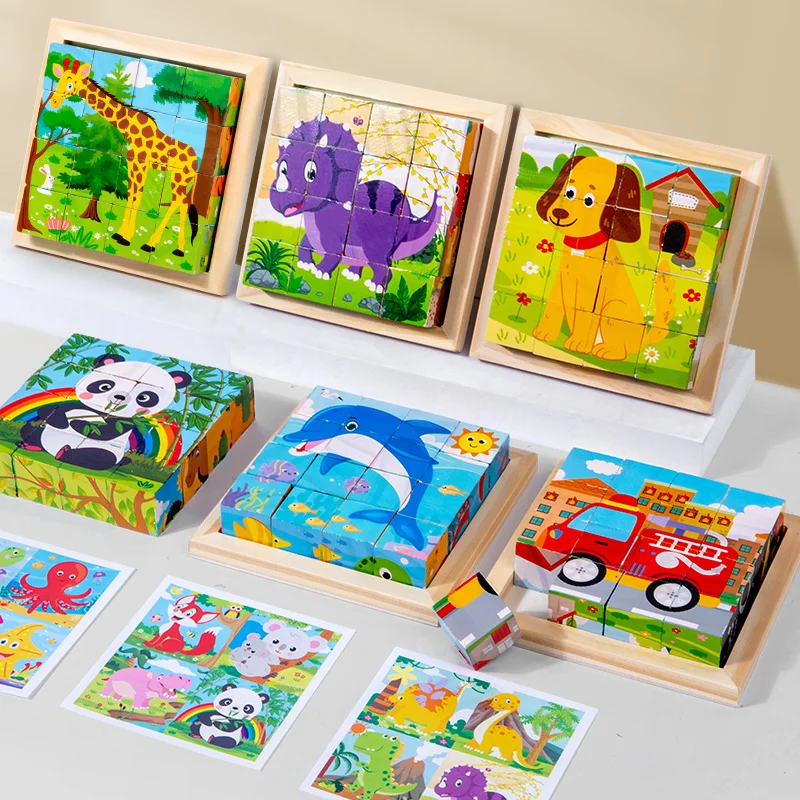 Six Sides Painted Wooden Puzzle Three-Dimensional Traffic Animal Puzzle Building Blocks Early Education Educational Toy