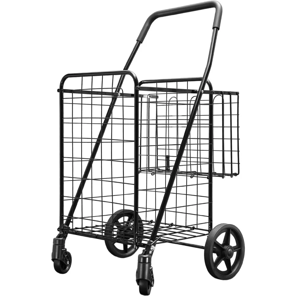 

Folding Shopping Cart with 360-Degree Swivel Wheels (Black, Double Basket)