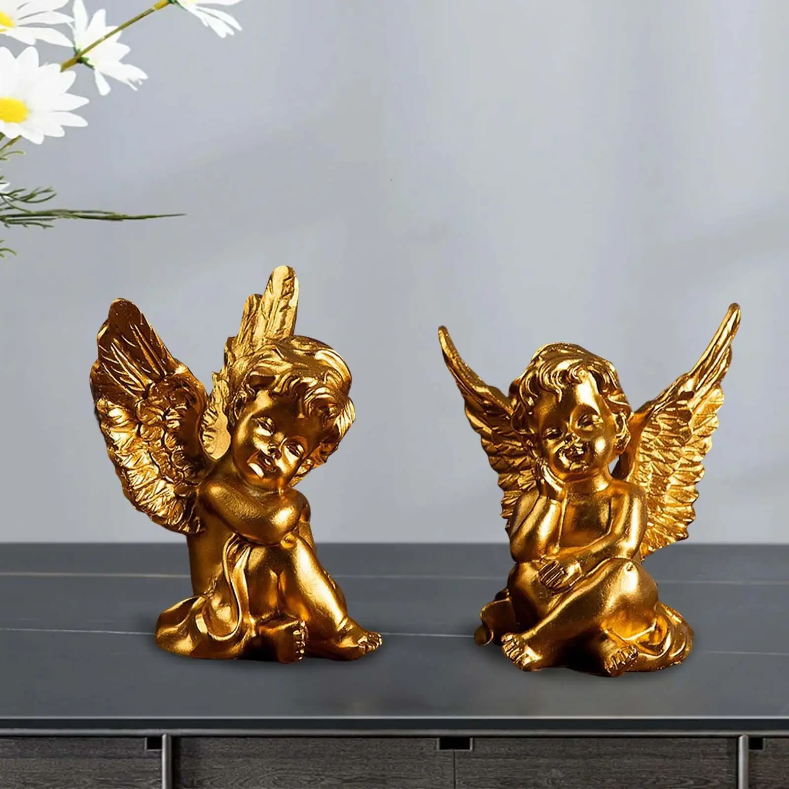 

2xWings Angel Statue Napping Angel Figure Resin Little Girl Angel Sculpture Figurines Desktop Ornaments Flower Fairy Decorative