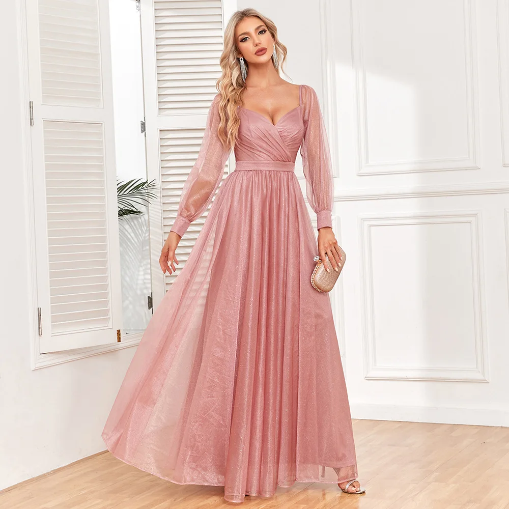 

Blush Pink 2024 Full Sleeves Evening Dress Sweetheart A Line Bling Tulle Long Prom Party Gowns Wholesale Robe De Soiree