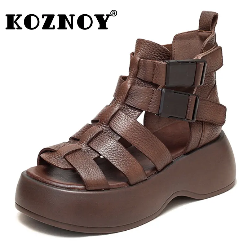 

Koznoy 6cm Peep Toe Weave Genuine Leather Mid Calf Ankle Buckle Women Summer Breathable Moccasins Designer Boots Ethnic Shoes
