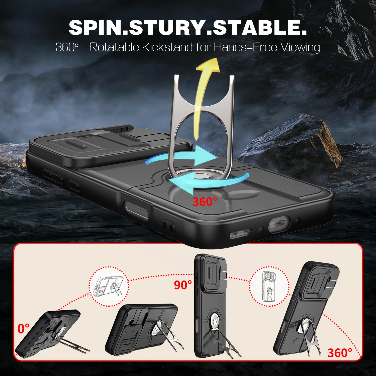 Shockproof Stand Armor Case with Holder Ring and Slide Lens Protection - Durable TPU+PC Coque