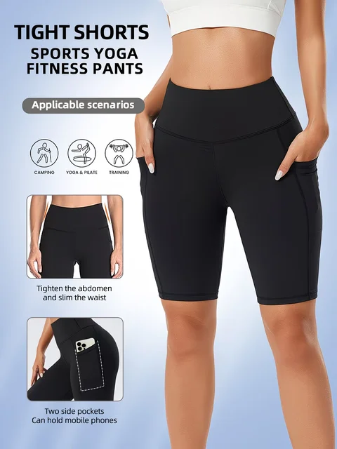 Shorts de sport taille haute d'été avec poches latérales, pantalons capri de course et de yoga, pantalons de sport et de fitness tendance, leggings élastiques