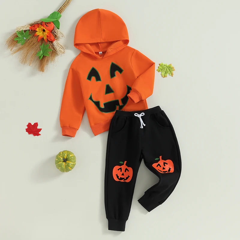 

Kids Baby Boys Halloween Outfits Set Pumpkin Skeleton Print Long Sleeve Hood Sweatshirt Long Pants 2Pcs Suit
