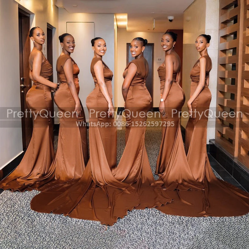 One Shoulder Bridesmaid Dresses Mermaid Long Sweep Train Sheath Sleeveless Women Burnt Party Dress Maid Of Honor