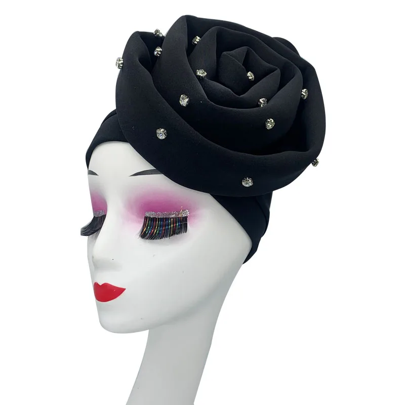 

Female Party Headpiece African Auto Gele Headtie 2023 Exaggerated Big Flower Turban Cap for Women Diamonds Head Wrap Bonnet