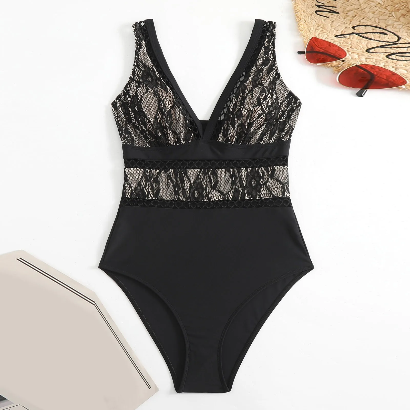 2024 Sexy Lace Mesh Patchwork Swimwear Women One Piece Swimsuit Deep V-neck Bathing Swimming Suit Women's Beach Wear Monokini