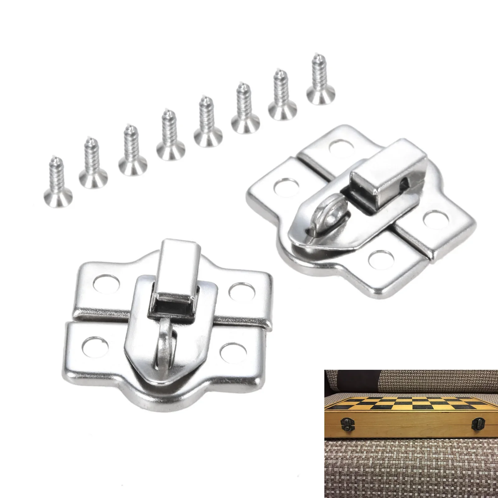 Silver Mini Jewelry Chest Gift Wine Wooden Box Case Toggle Latch Suitcase Hasp Hook Can Lock Lockable with Screws 26*28mm 4pcs