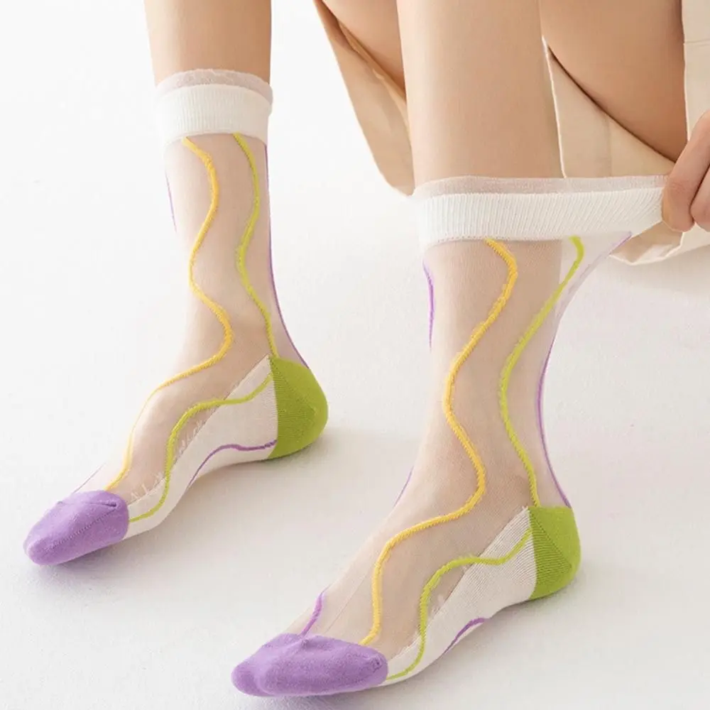 

Colorful Ultra Thin Socks Summer Women Transparent Lace Glass Silk Flower Girls Elastic Short Socks Female Socks