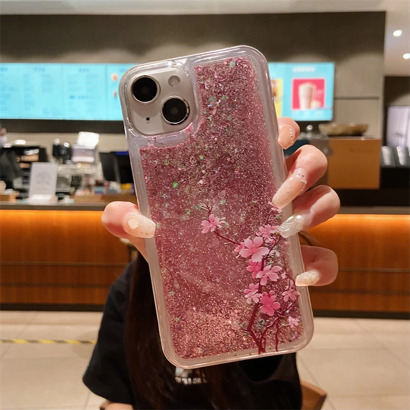 Pink Glitter Quicksand for iPhone 15 Pro Max 16 14 Case Cover