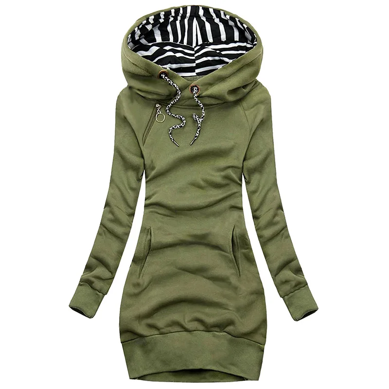 New Women Spring Autumn Hoodie Dress Sweatshirt Female Casual Fashion Print Long-Sleeved Pocket Drawstring Mini Dress