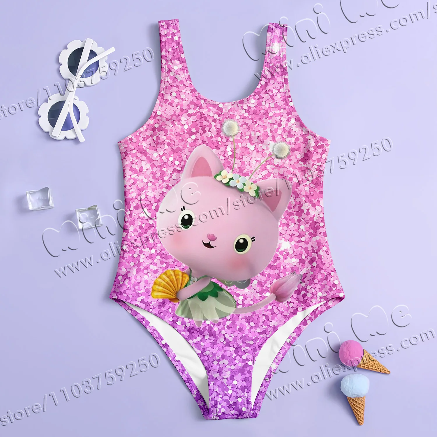 MINISO Girl Summer One-Piece Swimsuit Fashion Cartoon Gabby Dollhouse sequin Series Print Women Swimwear Sleeveless Clothing 3