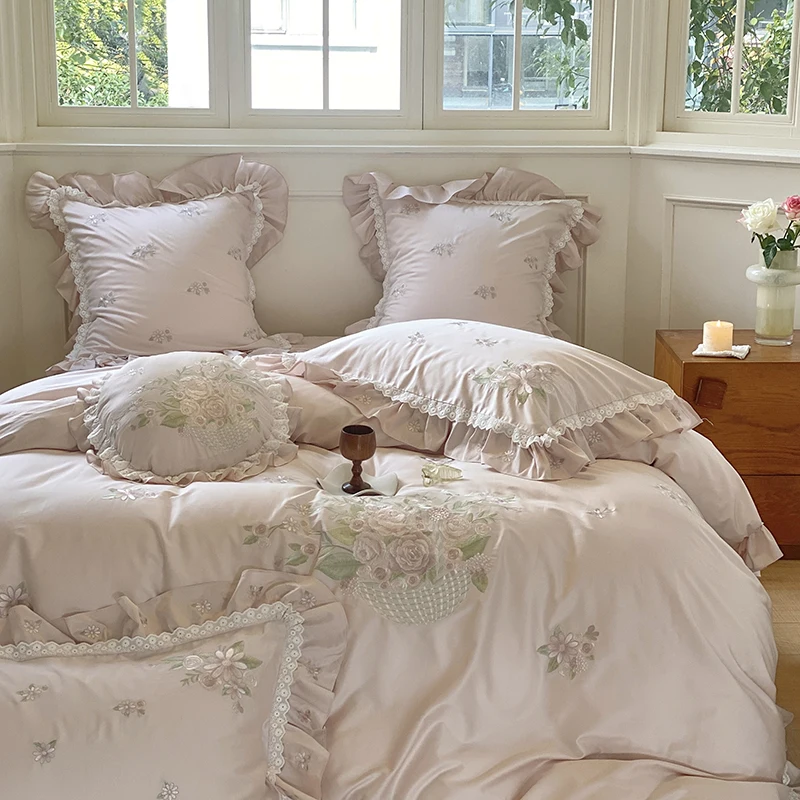 

French Style Embroidered Floral 100S Cotton Bedding Set Girlish Bed Sheet Duvet Cover Set with Ruffles(Queen King Size,4/6pcs)