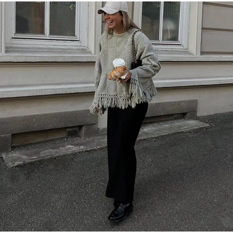 Vintage Solid Pleated Tassel Sweaters Women Casual Loose Knitted Pullover Sweater Female Autumn Chic Elegant High Street Tops
