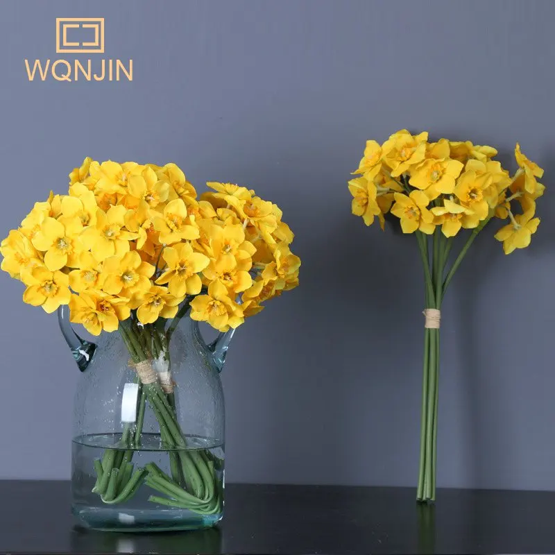 6Pcs/bunch White Yellow Artificial Flower Home Decor Narcissus Flower  Bouquet Home Floral Party Wedding Bridal Fake Flowers