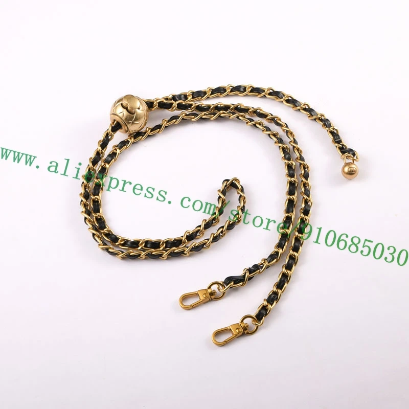 Adjustable Golden Metal Alloy Links Chain Bag Strap For Designer Lady Handbag Shoulder Belt Replacement Black Leather Twisted