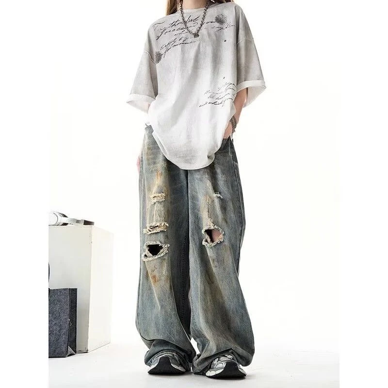 Women's Multiple Holes Dirty Old Wide Legs Jeans Cool Girl High