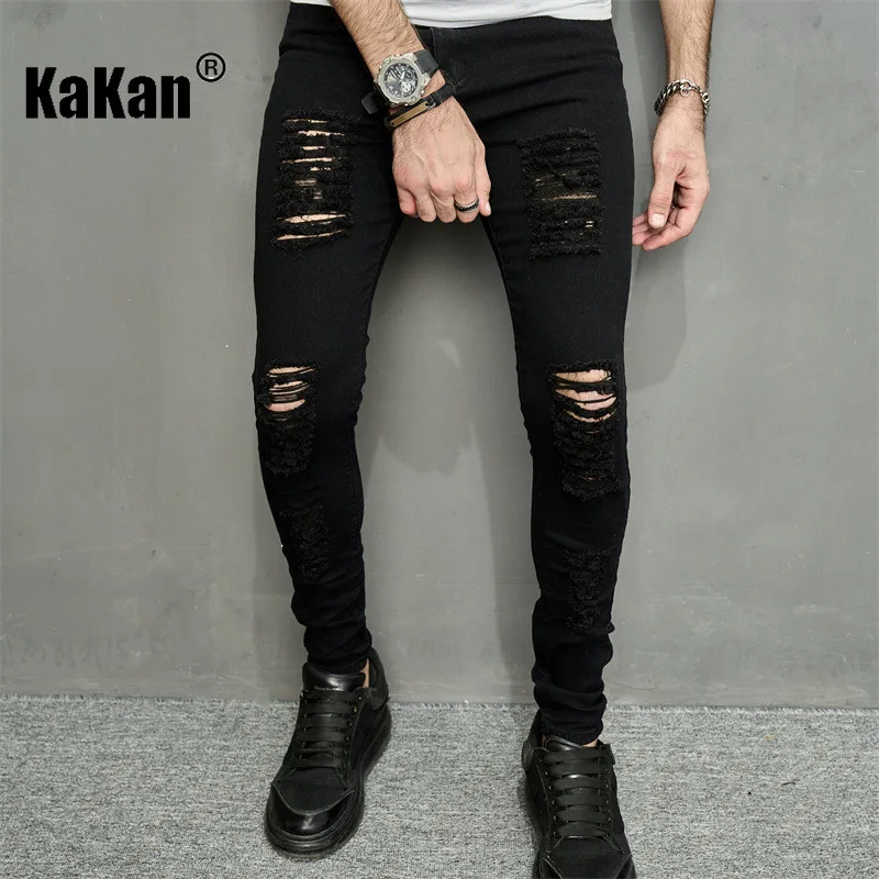 

Kakan - European and American Summer New Style Worn-out Slim Fitting Jeans for Men, Black Slim-fit Pants Trousers Jeans K9-1128