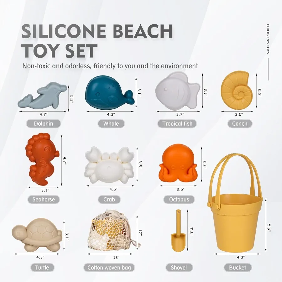 11Pcs Silicone Beach ToysModern Baby Beach Toys Travel Friendly Set Eco Friendly Toy Silicone Bucket Shovel 8 Sand Molds