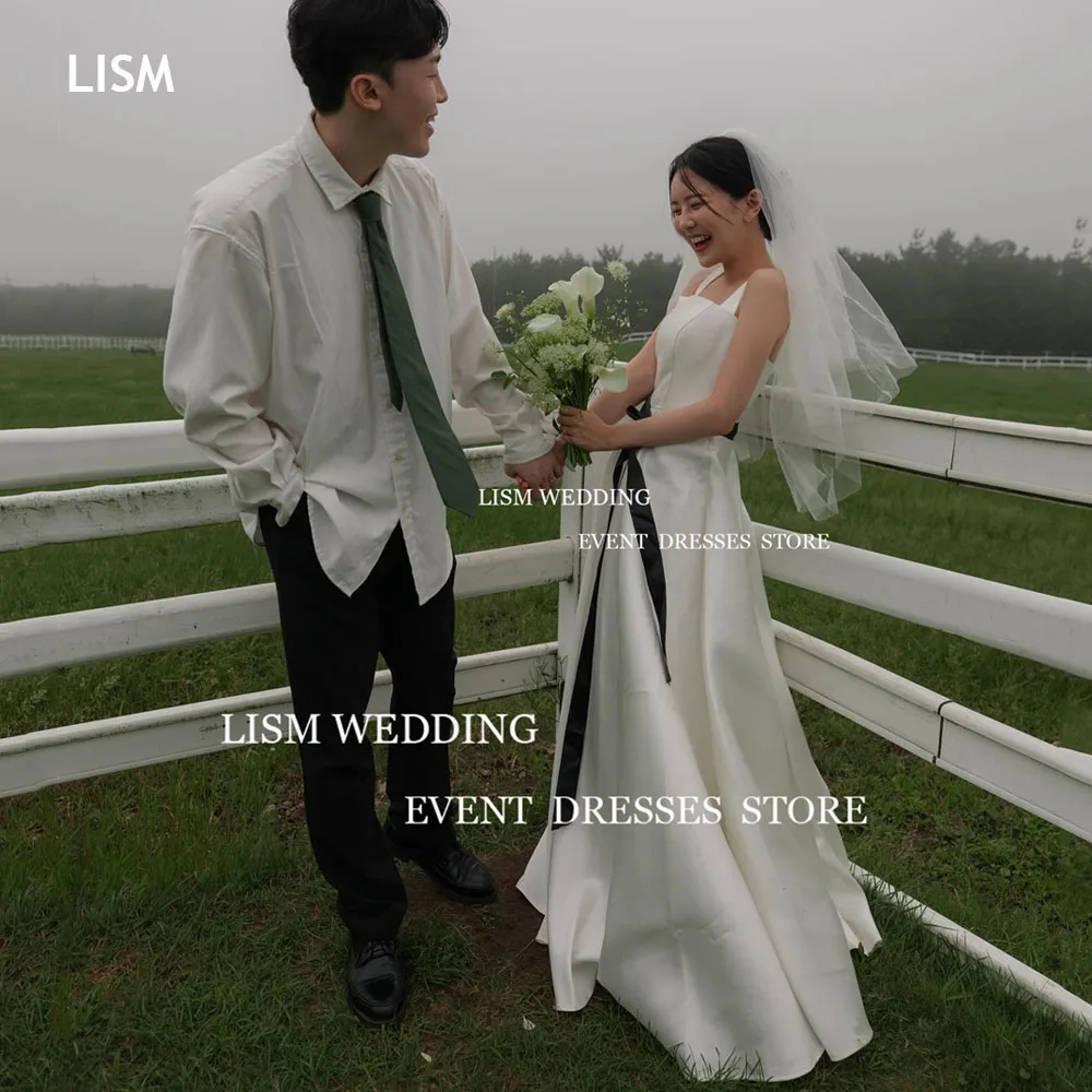 

LISM Square Neck Korea Wedding Dresses Photos Shoot Black Belt Wide Straps Backless Formal Party Dress Satin Floor Bridal Gowns