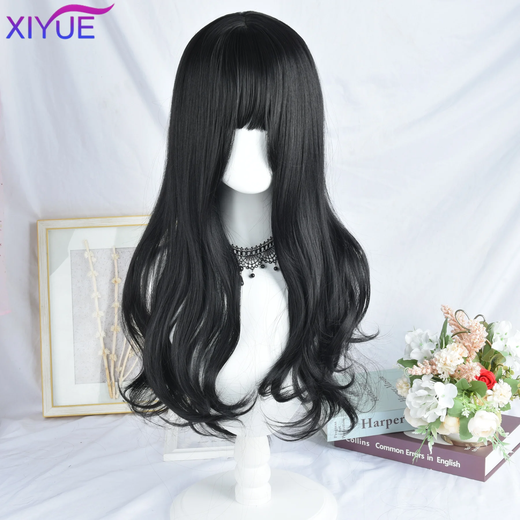 XIYUE Lolita Black Wig for Women Long Wavy Hair 65cm Curly Wig with Bangs Cosplay Headband Wigs Synthetic Wigs for Daily Use