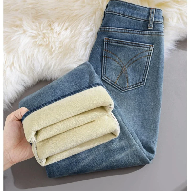 Y2k Pants Jeans for Woman Winter Fleece Lined 2025 New Thick Warmth Slim Wide Leg Straight Trousers Fashion casual 5