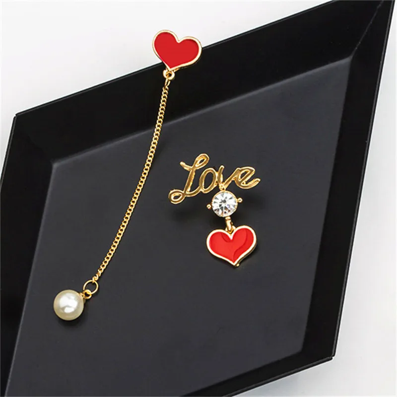 

New Korean Red Love Heart Earrings For Girl Circle Simulated Pearl Tassel Earrings Asymmetric Earings Jewelry Christmas Gifts