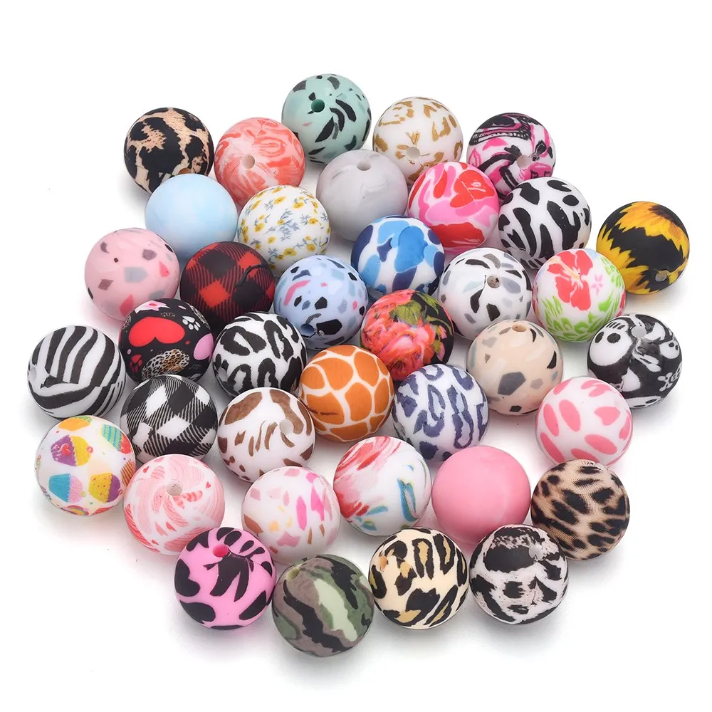 10pcs 12/15mm Silikon perlen für Halskette Armband Schlüssel bund machen Leopard Kuh Silikon runde Perlen für Schmuck machen DIY Handwerk