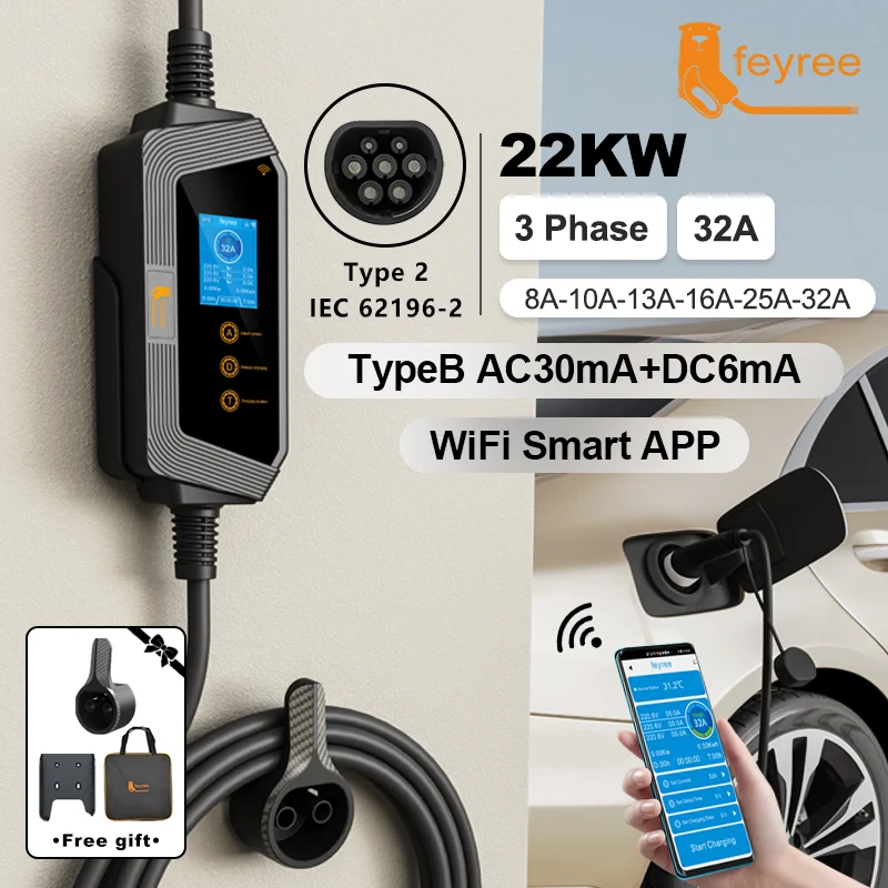 EV Charger 22KW 32A 3Phase Type2 Wi-Fi APP Control EVSE Portable Charging Box Station for Electric Car