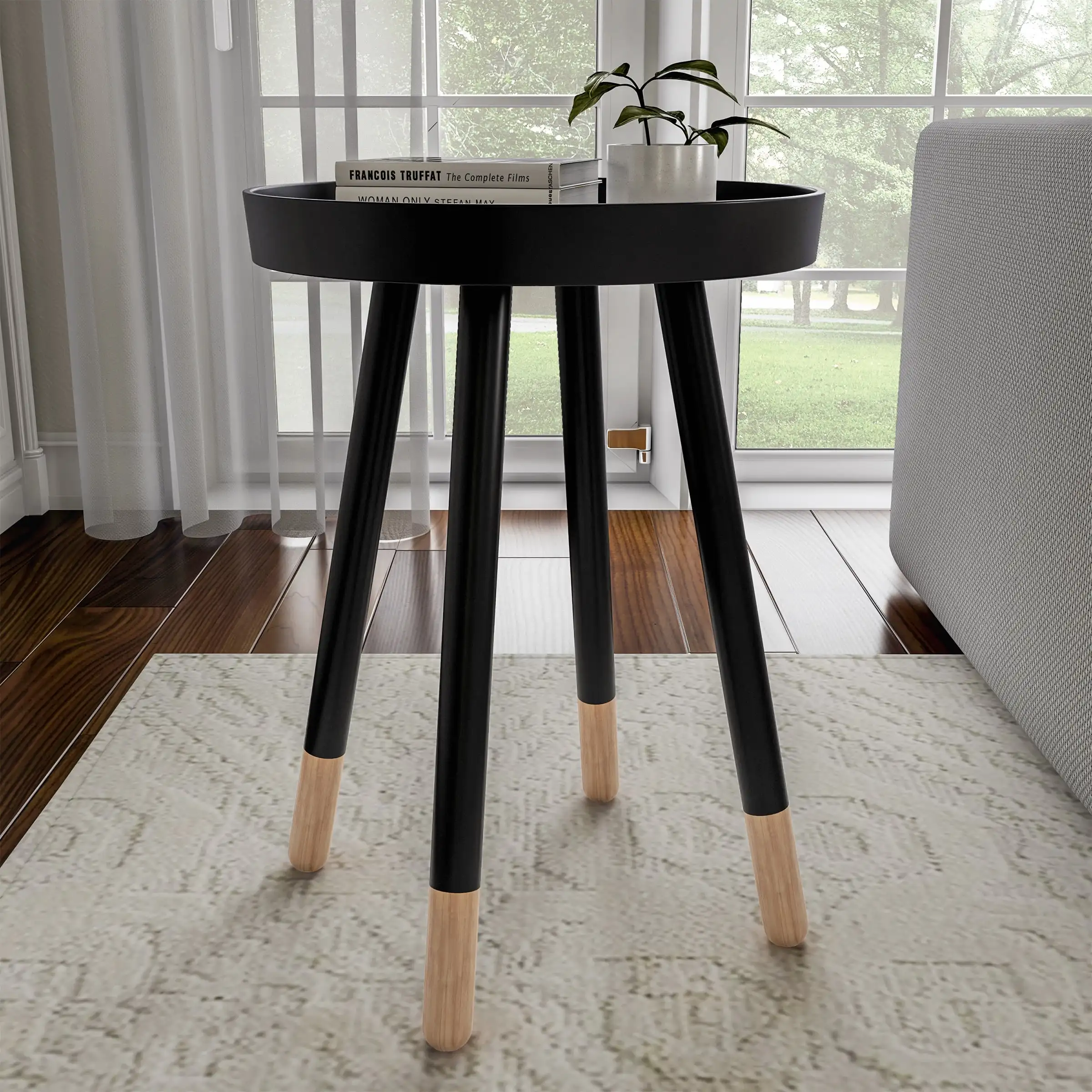 

Lavish Home Round Side Table – Modern Wooden Stand with Tray Top, Black