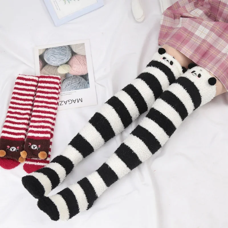 Women Lolita Cute High Socks Harajuku Winter Striped Coral Velvet Long Socks Warm Thicke Knee Length Socks Home Towel Stockings