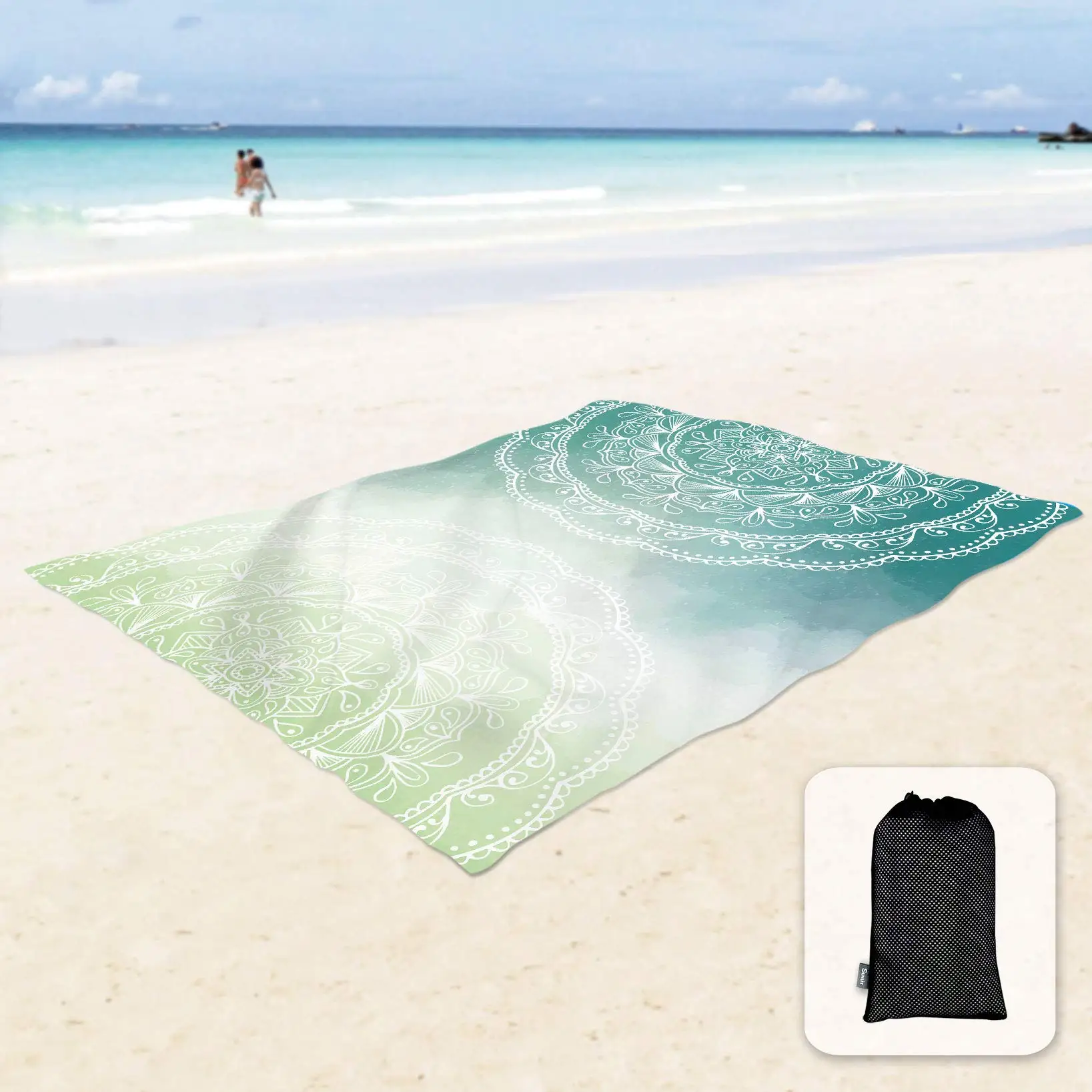 Sand Proof Beach Blanket Sand Proof Mat with Corner Pockets and Mesh Bag for Beach Party,Travel,Camping,Blue and Pink Mandala 5