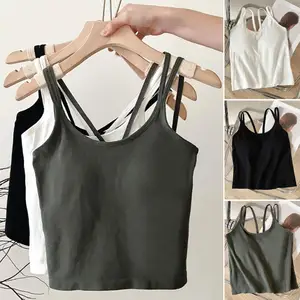 Women Vest Top Stylish Women's U-neck Sleeveless Vest Tops with Cross Back Straps Chest Pads Slim Fit Solid Color for Streetwear