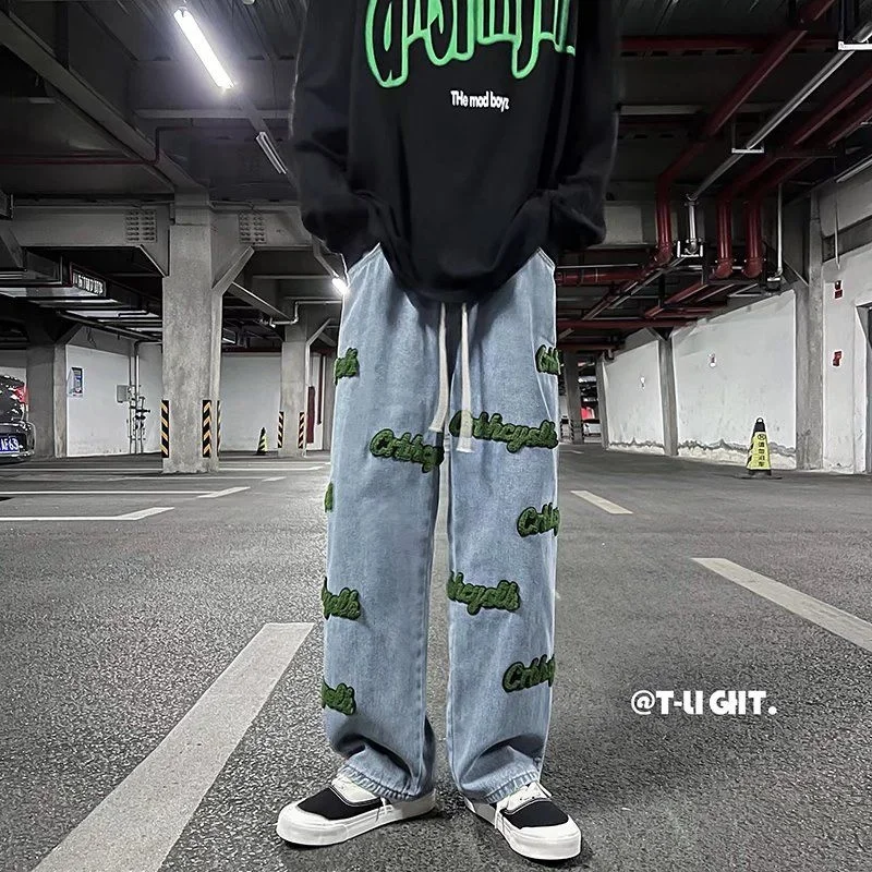 

Straight Wide Leg Washed Jeans Oversize Towel Embroidered Letter Denim Trousers Hiphop Street Sports Loose Four Seasons Pants