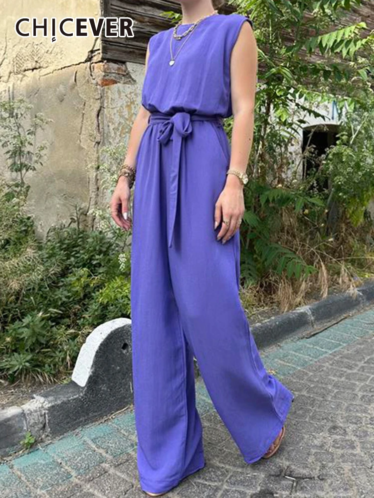 

CHICEVER Casual Minimalist Jumpsuits For Women Round Neck Sleeveless High Waist Patchwork Lace Up Fashion Loose Jumpsuit Female